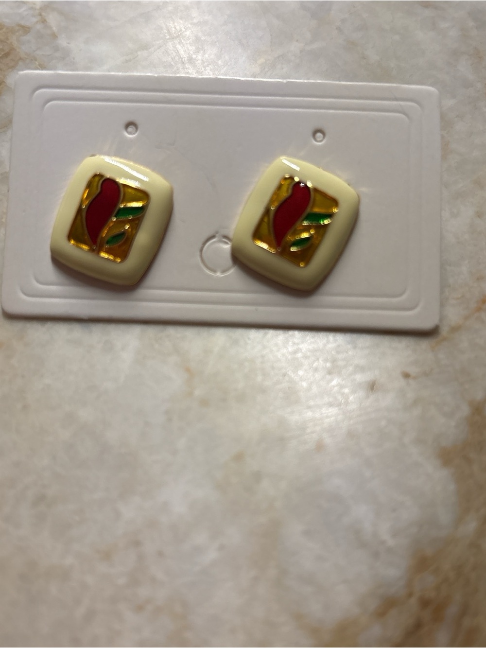 Vintage Cream Enamel Square Clip-On Earrings with Red & Green Accents